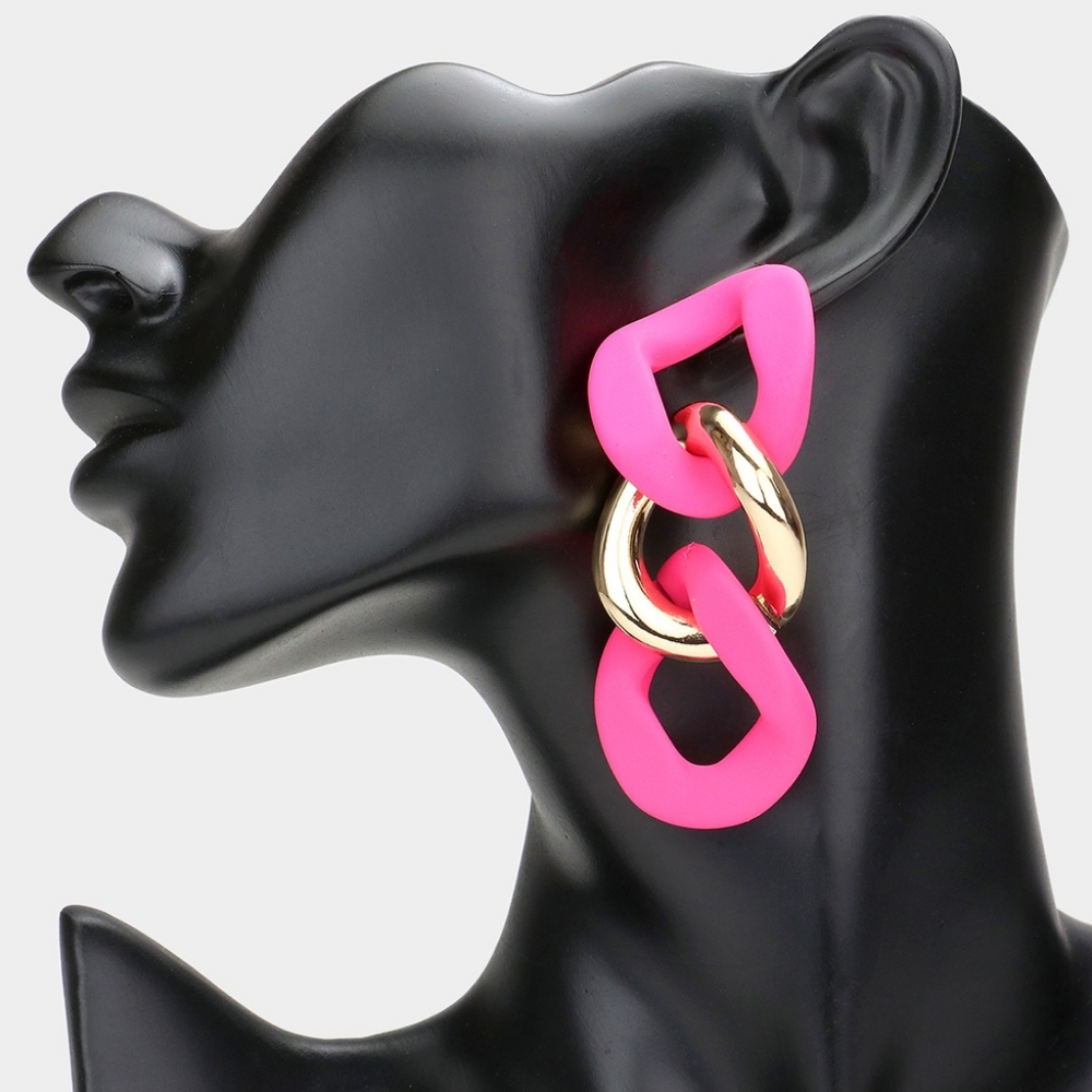 Fuchsia Pink Chain Link Dangle Earrings 3.25 Inch Cute Drop Gold Fashion Jewelry